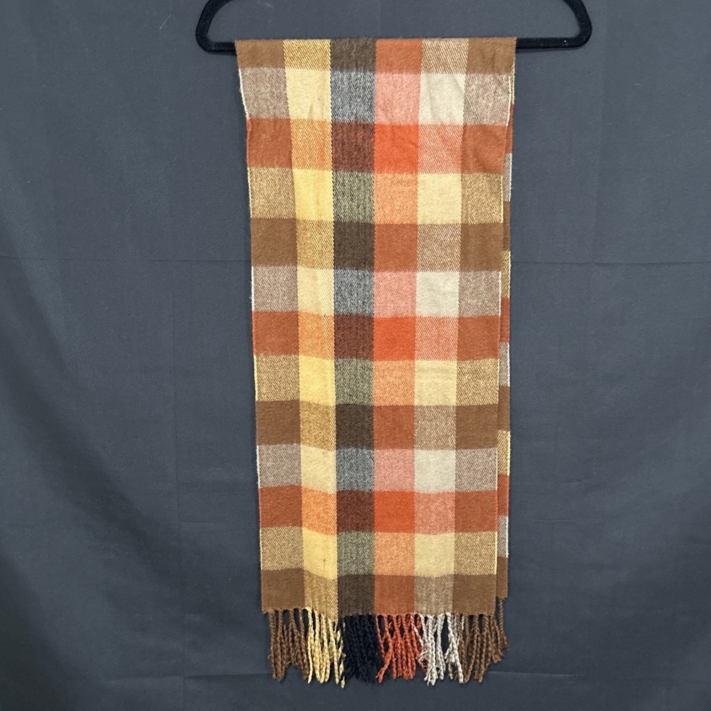 Jeffrey Banks Scarf Mens Chocolate Brown Orange Plaid Fringed Granola‎ Gorpcore